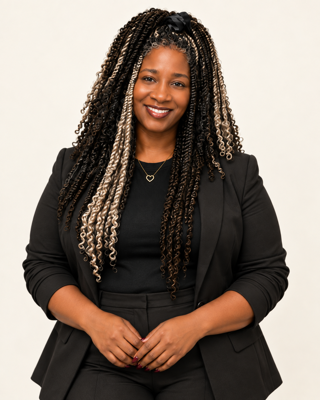 Portrait of Dina Maeweather, smiling in a black blazer with black-and-silver braids
